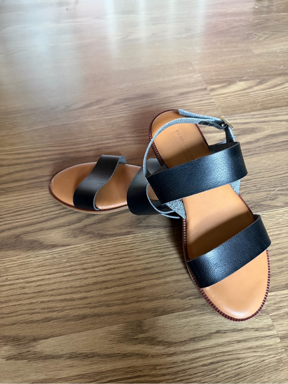 Women’s Black Double-Strap Leather Sandals with Tan Footbed